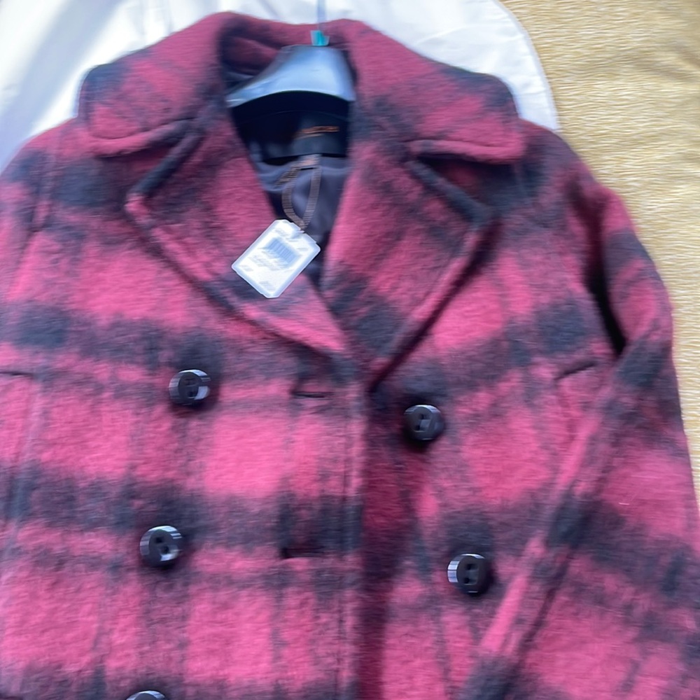 Coach Woman’s XS long plaid coat Cranberry red. Wool blend